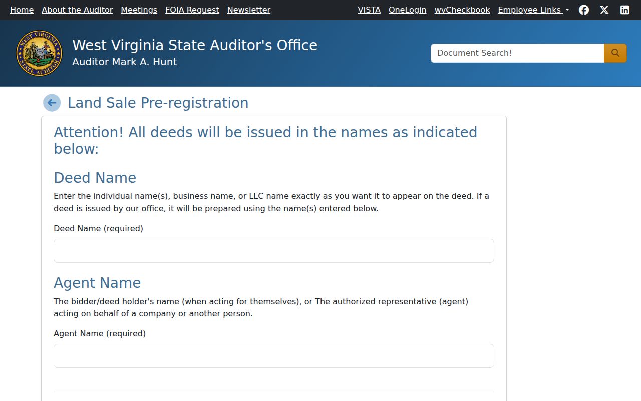 State Auditor land-sale pre-registration form with phone, email, and bidder certifications