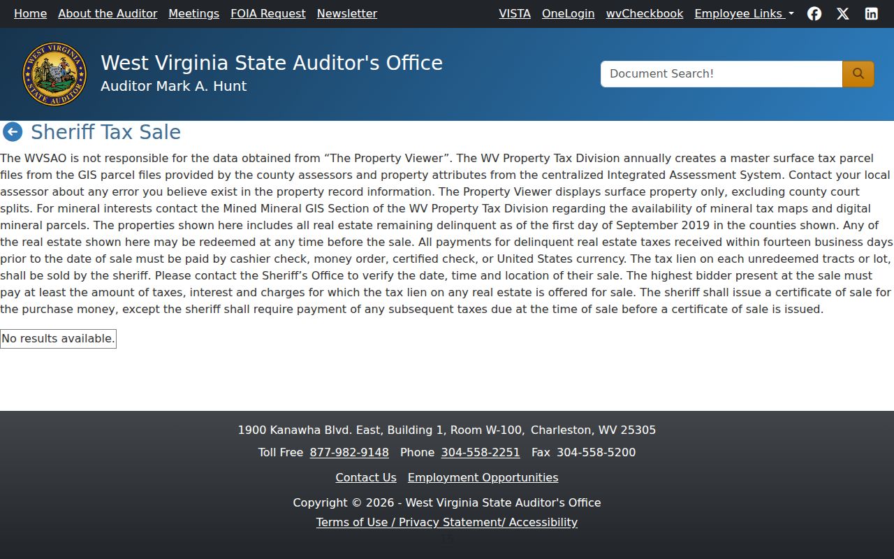 Official West Virginia sheriff tax-sale page describing delinquent tax liens, payment, and redemption