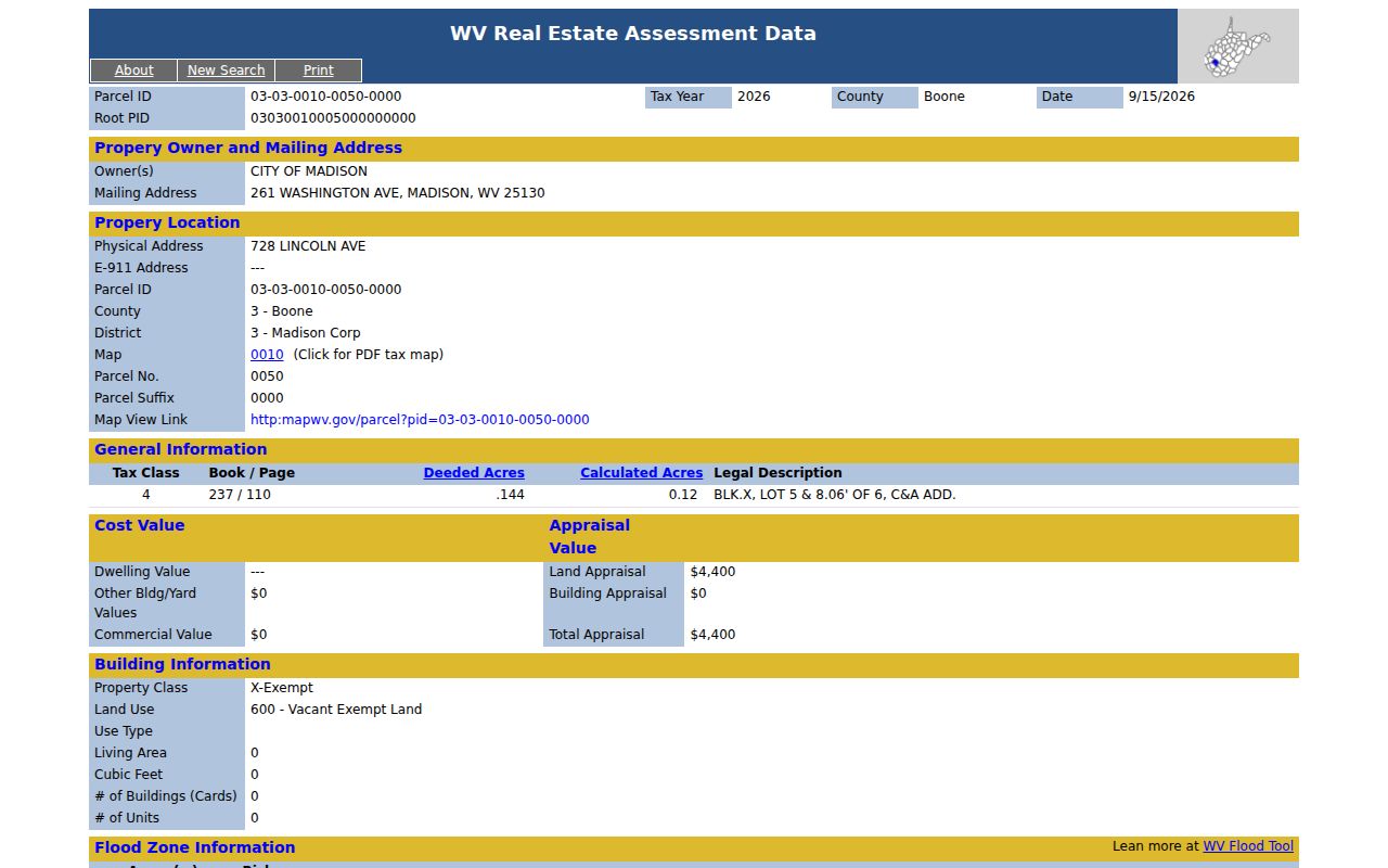 City of Madison assessment record showing public owner, C&A Addition legal description, parcel data, and book and page