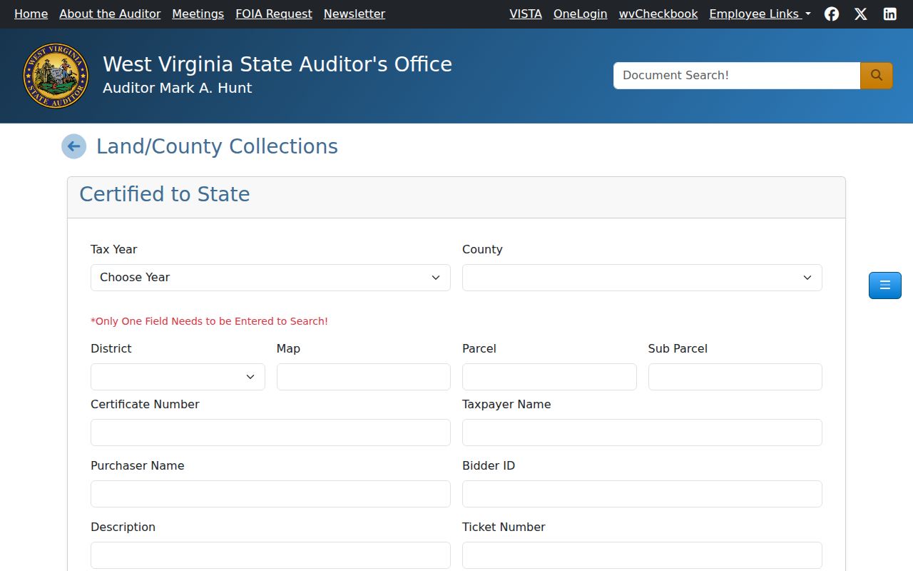 West Virginia State Auditor county collections search with delinquent land filters for county, district, parcel, taxpayer, purchaser, and status