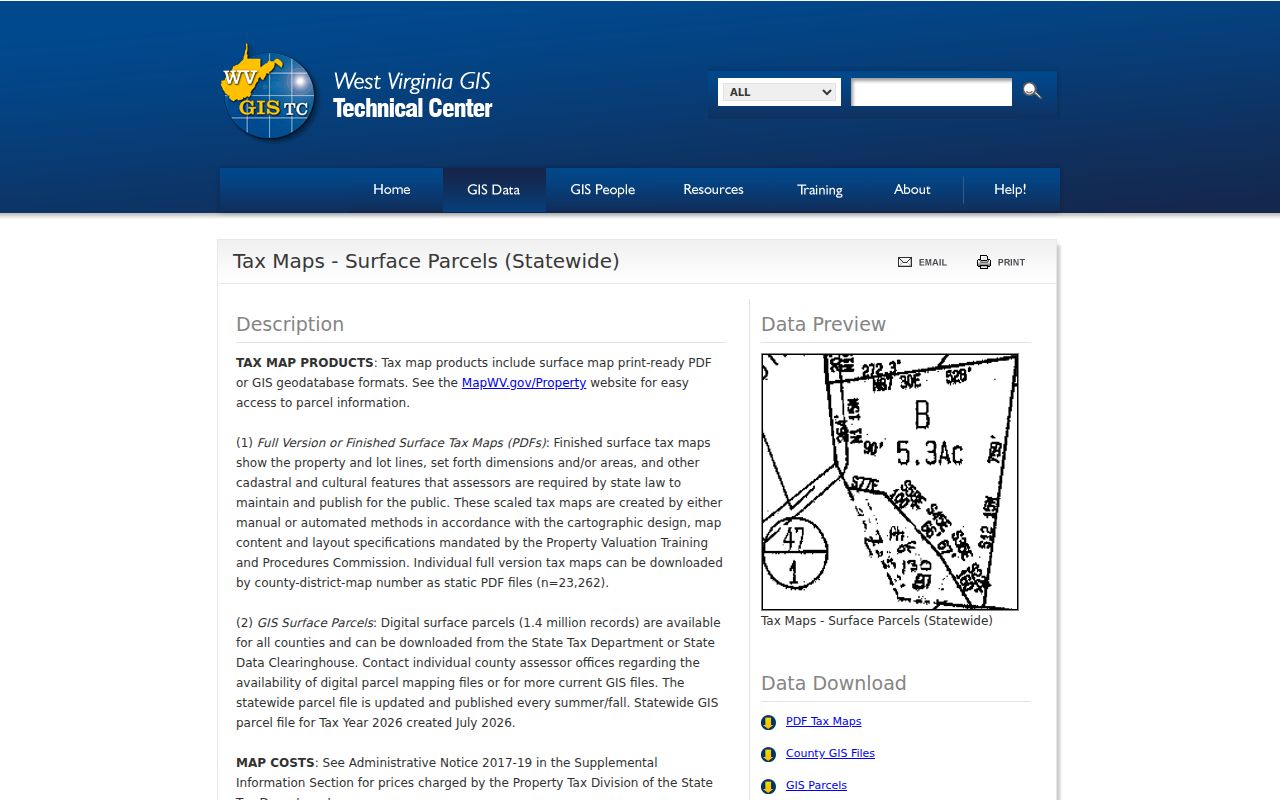 WV GIS Clearinghouse dataset page for statewide tax-map and parcel GIS downloads