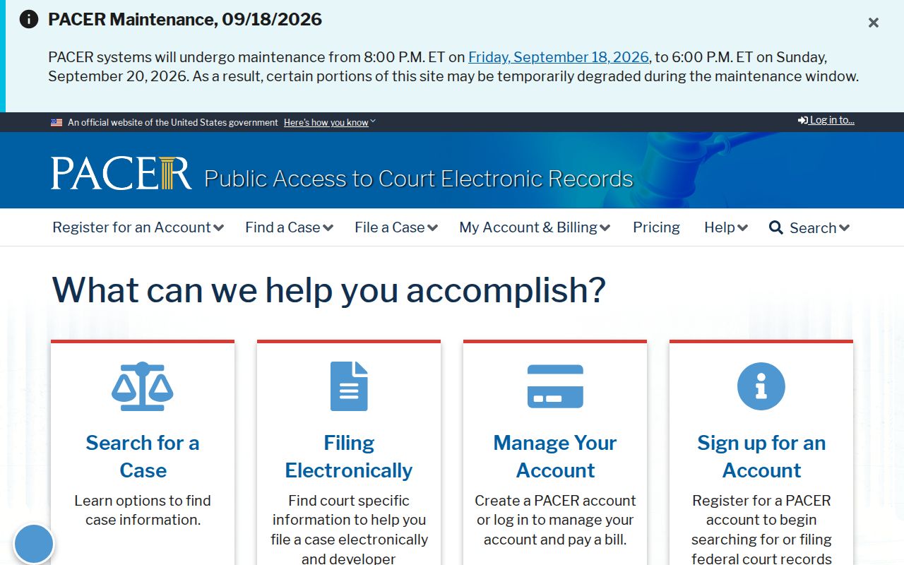 PACER federal court access page for searching federal foreclosure, lien, or bankruptcy cases