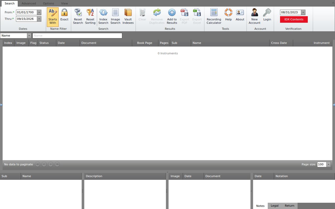 Boone County Clerk IDX index page with date fields, name matching controls, search modes, and result grid