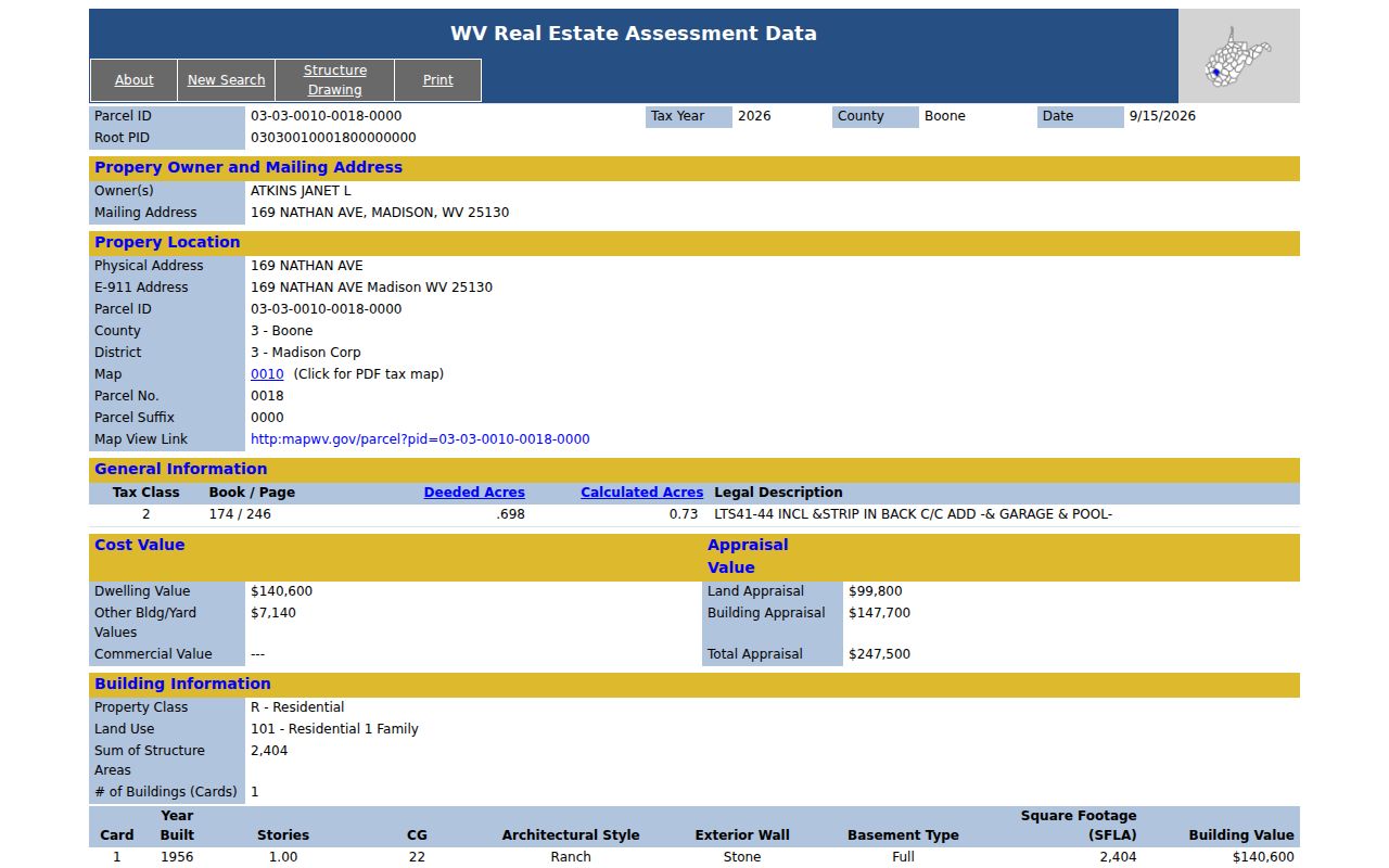 Boone County residential assessment card showing land, dwelling, other building, and total appraisal values